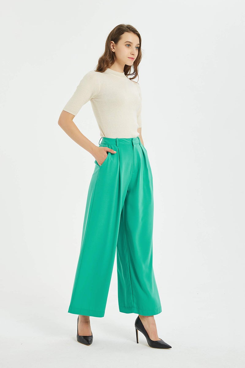 Tronjori Women High Waist Casual Wide Leg Long Palazzo Pants Trousers Regular Size(L, Green) - Image 3